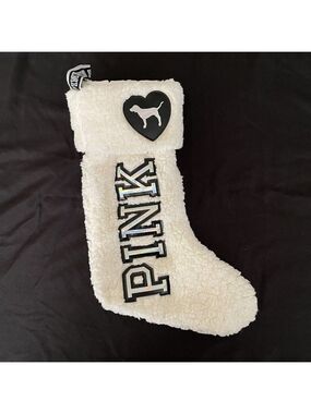PINK Victorias Secret Fluffy Ivory Sherpa Spellout Logo Christmas Stocking Plush